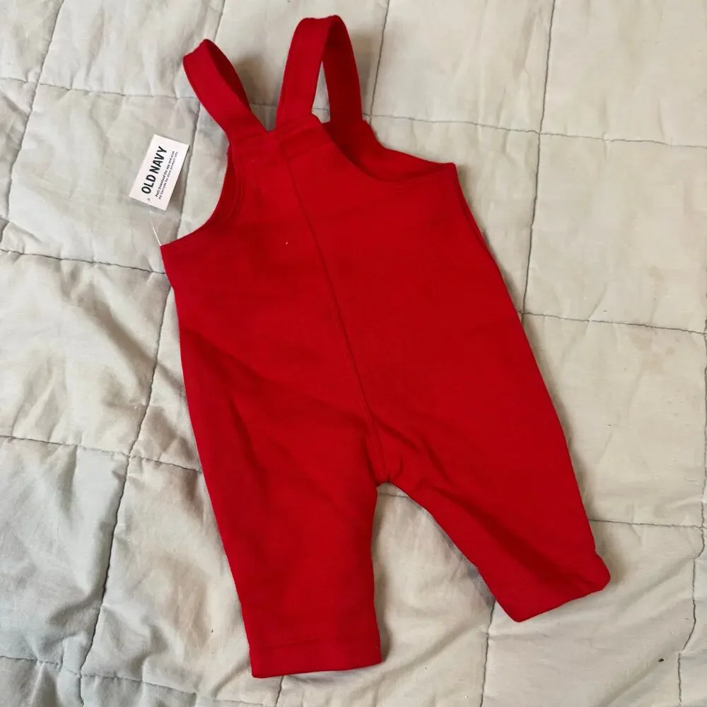 NWT Old Navy Red Fleece Overalls Soft Romper Baby Boy Girl 0-3 Months Christmas